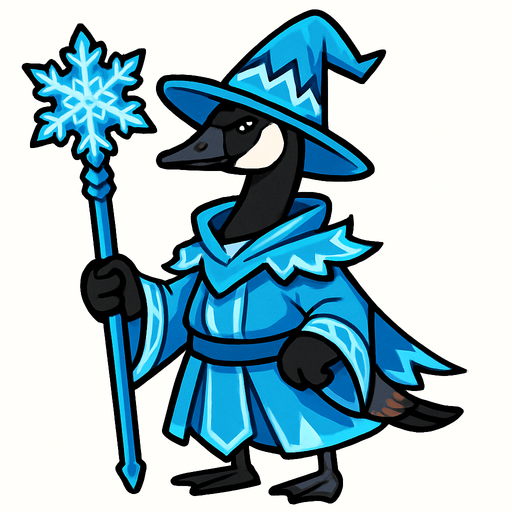 A Canadian Goose in Magic Ice Mage Outfit armed with a magic ice staff.
In-Game asset.  2d.  High contrast.  No shadows