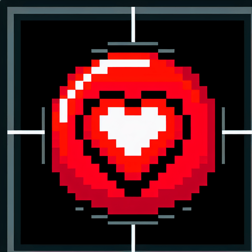 red pixel circle with black background and hearth on middle.
Single Game Texture. In-Game asset. 2d. Blank background. High contrast. No shadows.