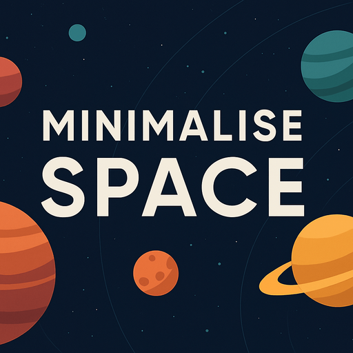Fullscreen modern App Store landscape banner, 16:9, high definition, for a game titled "Minimalise Space'' and Planets wiews.