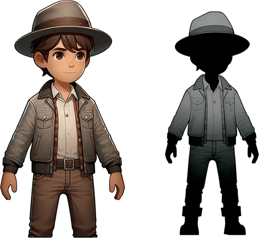 A boy with jacket hat and shirt pants.
Single Game Texture. In-Game asset. 2d. Blank background. High contrast. No shadows.