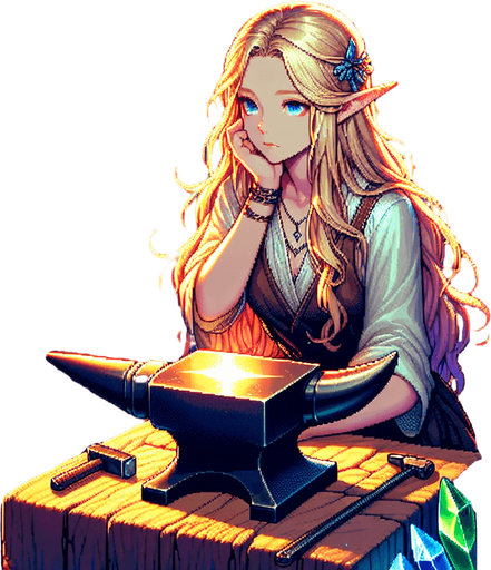 A blonde elf with long hair and a serious expression, working at an anvil in the center of the screen. The scene takes place in a magical forge inside a forest cabin, with a glowing hearth in the background. The elf is surrounded by blue, green, and red crystals, adding an enchanting atmosphere to the room. The warm glow of the fire and the shimmering crystals illuminate the elf's focused face and her skilled work..
Single Game Texture.  In-Game asset.  2d.  Blank background.  High contrast.  No shadows. pixel art