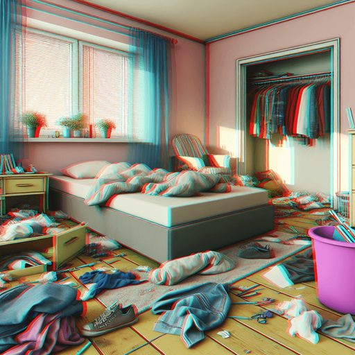 dağınık bir yatak odası, odanın içinden görünüm 3d renkli