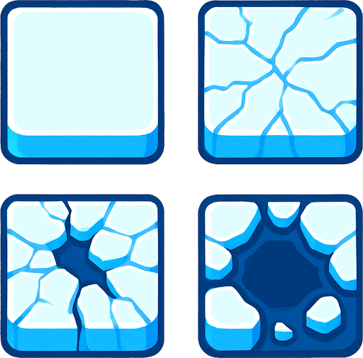 Generate a 2D sprite sheet arranged in a 2x2 grid, featuring a game tile of stylized arctic ice for a mobile game. The art style should be a clean vector illustration with flat colors and high contrast, suitable for a top-down, bird's-eye view. There should be no shadows.
The sprite sheet must show a clear, 4-stage progression of the same tile breaking:
Pristine Tile: A solid, unbroken square of thick ice. Mostly white and light blue.
Minor Cracks: The same tile, but now with thin, hairline fractures spiderwebbing across the surface.
Major Fractures: The cracks have widened into deep fissures, with small pieces of ice chipping away, revealing dark blue water underneath.
Nearly Shattered: A large hole has opened in the center of the tile, surrounded by a few unstable, floating fragments of the original ice. The tile is mostly dark water now..
In-Game asset.  2d.  High contrast.  No shadows