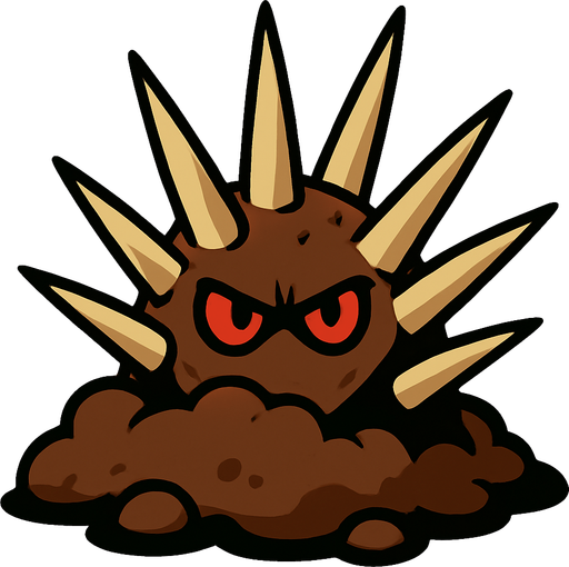 una planta que emerge del suelo como una masa de tierra marrón, semi-enterrada. De ella sobresalen una serie de púas afiladas de color beige, de diferentes tamaños y ángulos, dispuestas en varias filas. En el centro, asoman dos ojos pequeños y rojos, con una mirada intensa y ligeramente enojada..
In-Game asset.  2d.  High contrast.  No shadows