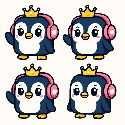 Create a 2D character sprite sheet, arranged in a 2x2 grid. The subject is an adorable, girly, cubical Penguin Princess. She wears a small, cute sparkling crown. Her oversized pink headphones have a small white heart decal on each ear cup. She has large, expressive eyes and a sweet smile. The style is clean vector art with simple cel shading, on a plain white background. The 4-frame animation is a side-to-side wave.
Frame 1: The character raises her flipper to head height, hand held straight.
Frame 2: The flipper, still at head height, pivots to the left.
Frame 3: The flipper, still at head height, pivots to the right.
Frame 4: The character begins to lower her flipper from head height..
In-Game asset.  2d.  High contrast.  No shadows