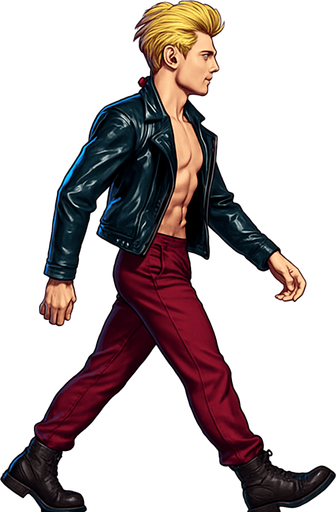 Walking, Front arm in front of body, front leg extended behind, back leg in front, limbs positions swapped, Swishy graceful man Cyberpunk manga, side profile view walking animation, shiny black leather biker jacket longsleeves shirtless Skinny abs blonde pompadour guy, wine red joggers combat boots, Background removed, "Full-body character, entirely in frame, no cropping of face, head, or feet" "Complete character visible, from head to toe, fully centered in the image" "Entire character, including face and boots, fully within the frame" Character fully contained within a square frame, no edges cut off fashion model idle pose
