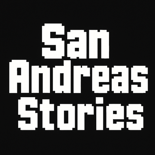 letras que dicen san andreas stories blancas hechas con pixeles.
In-Game asset.  2d.  High contrast.  No shadows