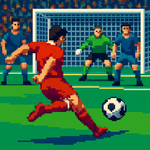 pixelart football shoot scene cinematic.
In-Game asset.  2d.  High contrast.  No shadows