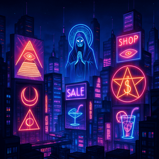 cyberpunk neon anime metropolis skyline holograms billboards, occult-capitalism-consumerism imagery nighttime futuristic architecture glow