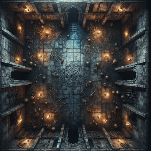 A dark, stone-walled dungeon chamber viewed directly from above. The floor is uneven with scattered bones and chains. Each wall has an entrance centered in the middle, like arched doorways, positioned on the top, bottom, left, and right sides. The room fills the entire frame, with torch-lit ambiance..
Full-frame, top-down view of a stone-walled dungeon chamber. Uneven floor, bones, chains, torch lighting. Open, arched entrances centered on each wall: top, bottom, left, and right. No 3D perspective, even lighting.