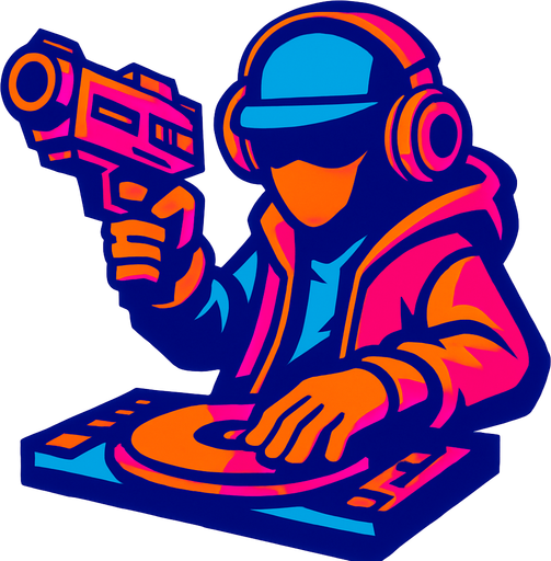 DJ with blaster.
In-Game asset.  2d.  High contrast.  No shadows