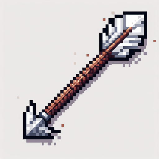 A wooden arrow with white feathers and a steel arrow head. Horizontal. Pixel art.
Single Game Texture.  In-Game asset.  2d.  Blank background.  High contrast.  No shadows
