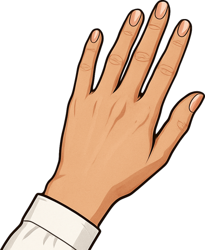 Mano de una persona femenina con camisa blanca vista desde arriba con un estilo realista.
In-Game asset.  2d.  High contrast.  No shadows