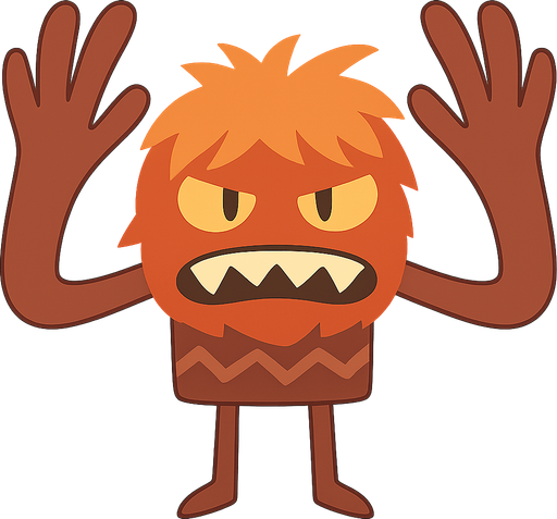 Monster with big hands and ginger hair. No background. Transparent background. Blank background. No shadows. 2d. In-Game asset. flat