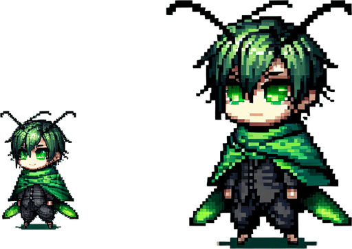 chibi 8 bit image green hopper insect anime protagonist.
Single Game Texture.  In-Game asset.  2d.  Blank background.  High contrast.  No shadows