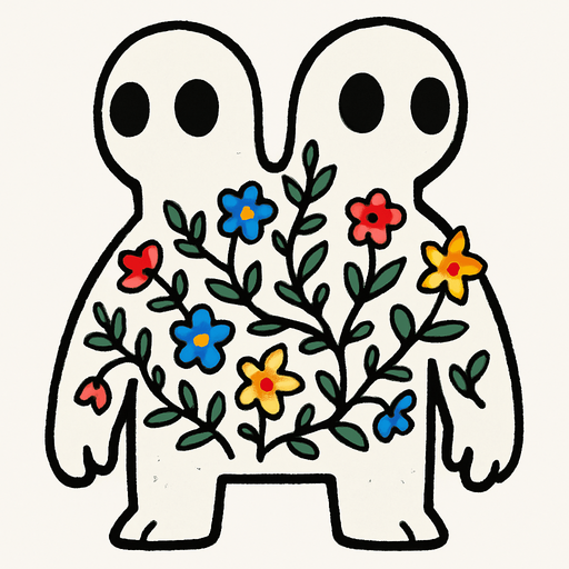 montruo blanco de ojos negros con dos cabezas con flora en el cuerpo.
In-Game asset.  2d.  High contrast.  No shadows