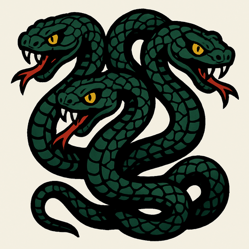 3 başı olan koyu renkli pullu bir yılan.
In-Game asset.  2d.  High contrast.  No shadows