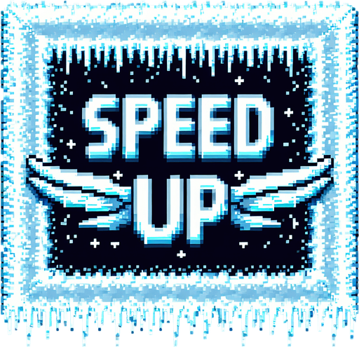 frosty text saying (SPEED UP).wings on the edges. pixelated. 8 bit. Single Game Texture. In-Game asset. 2d. Blank background. High contrast. No shadows.