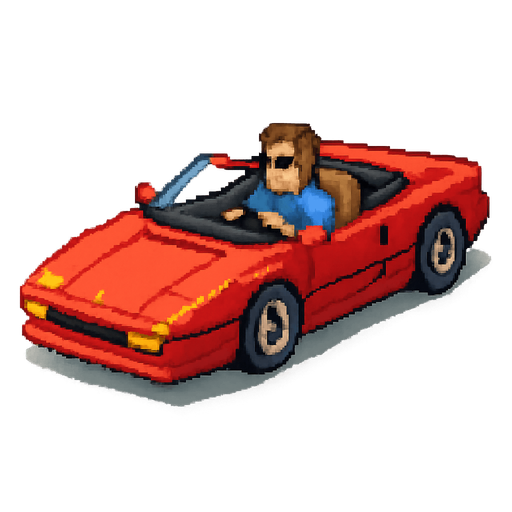 The car from the retro game out run, a red chevriolet, being driven by a man looking like from the 80s-90s. pixel style. The car is centered in the image, but it's positioned in diagonal, from top right to bottom left. No shadows on the car.