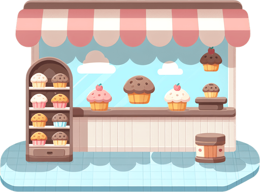 Cute simple 2d Muffin bakery shop from inside.
2d. High contrast. No shadows. Clicker background asset, Flat, few details, few colors