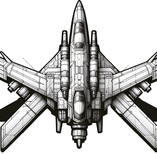 top-down view, spaceship in the shape of a fighter jet. pointed upwards.
Single Game Texture.  In-Game asset.  2d.  Blank background.  High contrast.  No shadows