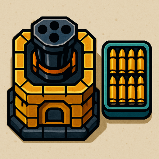 torre con 1 cañon con las balas de minigun desde arriba.
In-Game asset.  2d.  High contrast.  No shadows