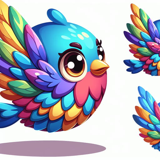 Design a cartoon-style bird flying sideways with big eyes and colorful feathers. The bird should look friendly, cute, and match a fun sky-themed game..
Single Game Texture.  In-Game asset.  2d.  Blank background.  High contrast.  No shadows