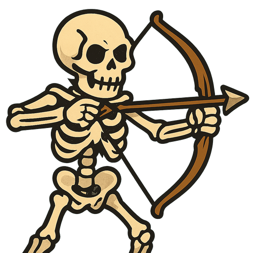 A skeleton with a bow.
In-Game asset.  2d.  High contrast.  No shadows