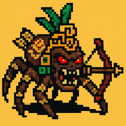 Genérame una Araña guerrero azteca con eso patrones, estilo pixelar, con una apariencia maligna, ojos rojos, rabioso. Unidad a distancia, con un arco o cerbatana. Animal.
In-Game asset.  2d.  High contrast.  No shadows
