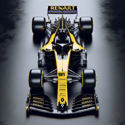 Photorealistic F1 Renault race car. TOP VIEW.
Shiny black body with shiny yellow nose. 
Replace every ,,RENAULT" texts to ,,RENAIULT".
Yellow rear wing. Black ,,RENAIULT" text and logo on nose with black racenumber.