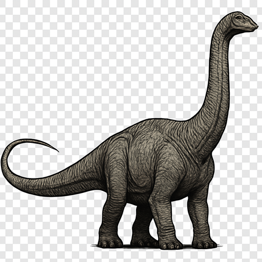 A massive Diplodocus dinosaur shown in a calm standing pose on a transparent background. It has an extremely long neck and tail, with a large bulky body covered in grayish-brown textured scales. The head is small with gentle eyes and a narrow snout. The skin shows wrinkles and rough textures, emphasizing the dinosaur’s massive size and ancient nature. The legs are thick and sturdy, supporting its heavy frame..
In-Game asset.  2d.  High contrast.  No shadows