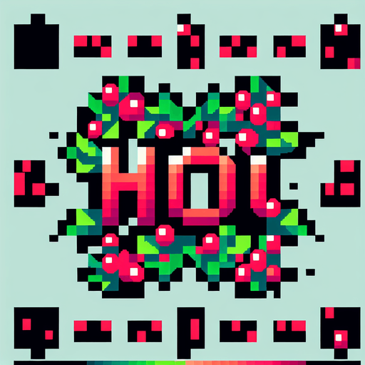 text saying "HO". mistletoe themed. Single Game Texture. In-Game asset. 2d. Blank background. High contrast. No shadows. pixelated. 8 bit