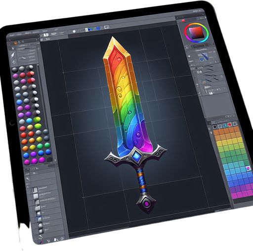 create a rainbow sword.
Single Game Texture.  In-Game asset.  2d.  Blank background.  High contrast.  No shadows