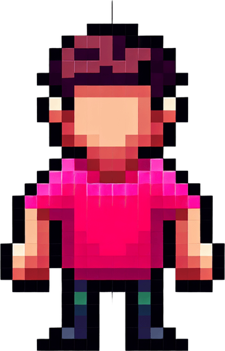 8bit character. Pink tshirt. Seen from the sky. Only see head and arms. Single Game Texture. In-Game asset. 2d. Blank background. High contrast. 
Single Game Texture. In-Game asset. 2d. Blank background. High contrast. No shadows. Single Game Texture. In-Game asset. 2d. Blank background. High contrast. No shadows.