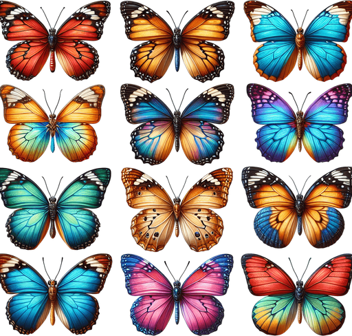Sprite sheet with several differently colored butterflies. Realistic. No outline. No shadows. No backgrounds..