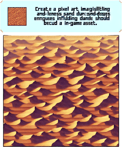 Pixel art top down aerial view barren desert, sand dunes, retro shooter
Single Game Texture. In-Game asset. 2d. Blank background. Low contrast. No shadows.