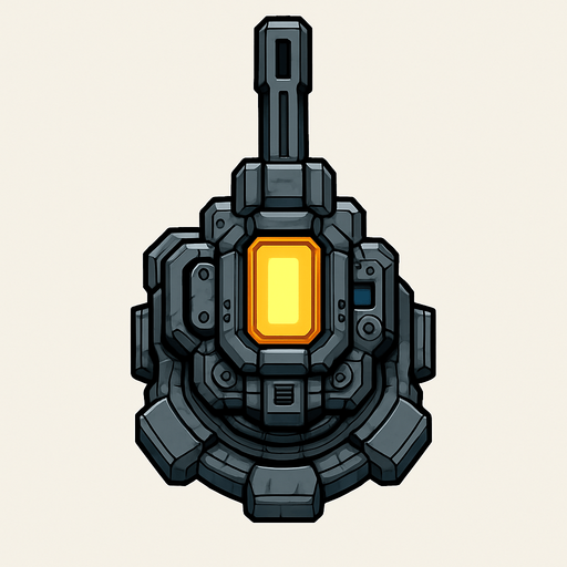 2D top-down view sci-fi laser turret, mounted on a rotating base, glowing energy cell, detailed mechanical parts, metallic finish, compact and powerful look, pixel art or vector style, no background.
In-Game asset.  2d.  High contrast.  No shadows