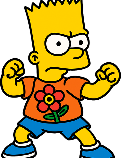 Bart in a fighting pose with a flower's head in his shirt.
In-Game asset.  2d.  High contrast.  No shadows