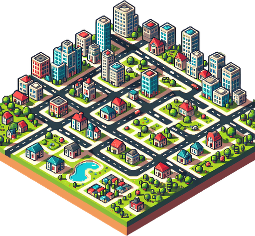 City.
Single Game Texture.  In-Game asset.  2d.  Blank background.  High contrast.  No shadows. Pixel