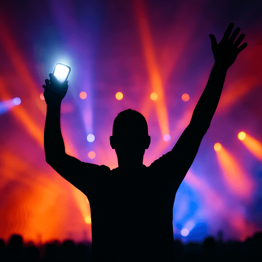 Dancing man with hands up dark siluette on a concert, front view. 
A smartphone with white flash in One of his hand.