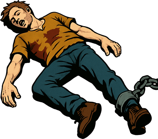 dead body on the ground, a chain on his leg (no ground).
In-Game asset.  High contrast.  No shadows. 3D