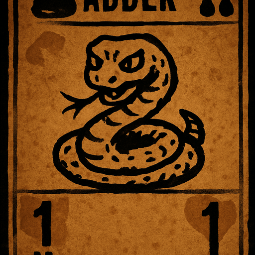 Design a rectangular card that looks like it's from an old card game, with a faded parchment-style background in a dull orange-brown color and a dark border. At the top of the card, display the word "ADDER" in bold, uppercase letters. In the top-left corner, include a dark gray snake head silhouette symbol. In the top-right corner, place two dark red blood drop icons. In the center of the card, draw a coiled snake with a threatening expression, hand-drawn style, with rough and slightly uneven lines. The snake should have a forked tongue sticking out and a sinister look in its eyes. In the bottom-left corner, add a black paw print icon with the number "1" next to it. In the bottom-right corner, include a heart-like icon also with the number "1" beside it. The overall atmosphere of the card should be dark, eerie, and mystical, with an old, handmade aesthetic..
In-Game asset.  2d.  High contrast.  No shadows