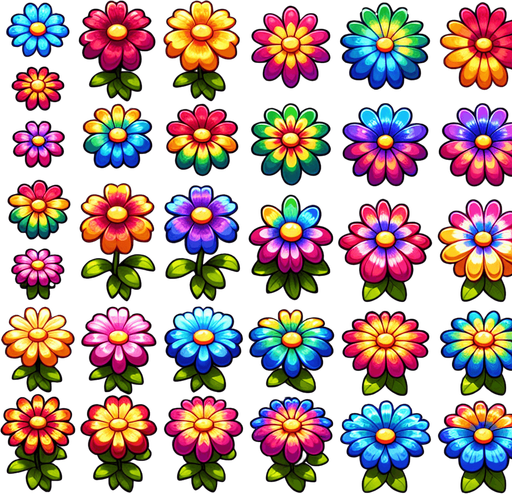 A sprite sheet of flowers seen from above. Cartoon. All similar size. Each blossom has multi colored rainbow petals. only the blossom. Bold colors and shading. 
Single Game Texture. In-Game asset. 2d. Blank background. High contrast. No shadows.
