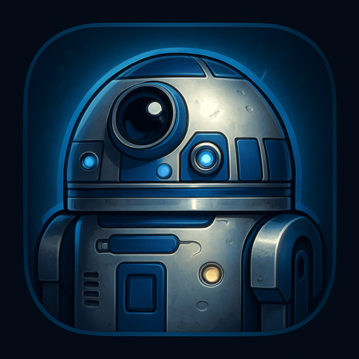 A stylized app or game icon featuring the head of a compact, dome-shaped sci-fi droid. The droid has a shiny metallic silver and blue color scheme, a round central photoreceptor "eye," and various small lights, sensors, and panels. The design is friendly and futuristic, with clean mechanical details and a slightly worn metallic finish. The background is dark or softly glowing with blue tones, highlighting the droid’s silhouette. Square or circular layout, 1024x1024 resolution, high detail, concept art style. Inspired by classic sci-fi utility robots, fully original and suitable for use without copyright concerns..
In-Game asset.  2d.  High contrast.  No shadows
