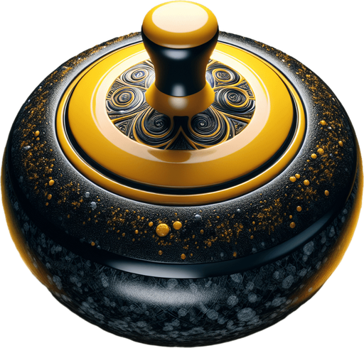 Black curlingstone with yellow top, top view.