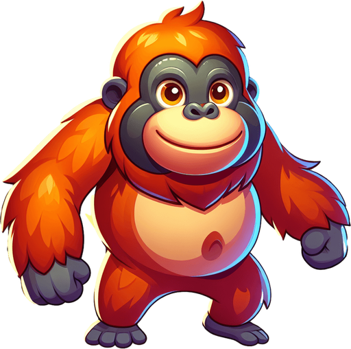 An orangutan in a cartoon image..
Single Game Texture. In-Game asset. 2d. Blank background. High contrast. No shadows.
