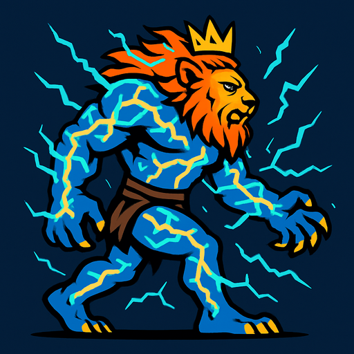 aslan ve insan karışımı yıldırımla kaplı bir canavar kralı sağdan sola yürüyen.
In-Game asset.  2d.  High contrast.  No shadows