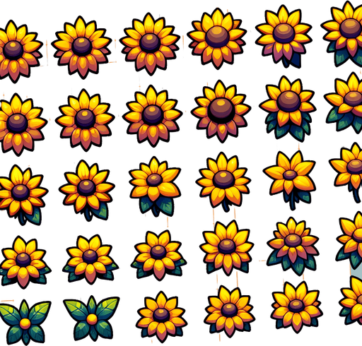 A sprite sheet of different yellow sunflowers seen from above. Cartoon. All similar size. Just the blossom. Bold colors and shading. 
Single Game Texture. In-Game asset. 2d. Blank background. High contrast. No shadows.