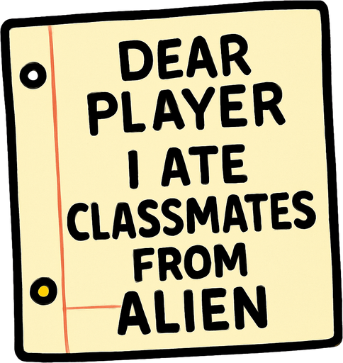 A note that says dear player 
I ate classmates from alien.
In-Game asset.  High contrast.  No shadows