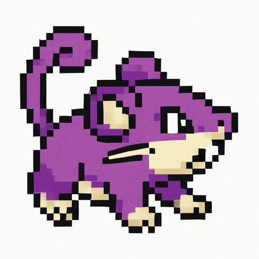 Rattata, visto desde arriba, viendo a la derecha.
In-Game asset.  2d.  High contrast.  No shadows